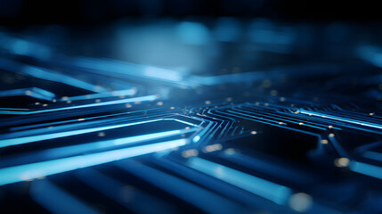 Futuristic blue circuit lines on geometric tech background, symbolizing digital innovation and advanced technology