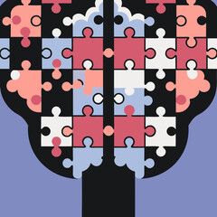 Leinwandbilder - Tree formed by colorful jigsaw puzzle pieces on blue ground