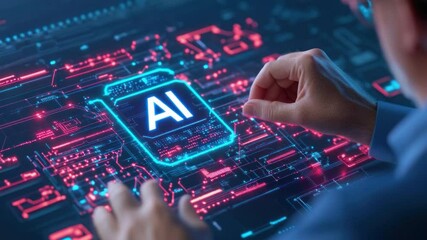 Poster - Digital AI Technology Shopping: A close-up shot showcases a person's hands interacting with a high-tech, futuristic circuit board. A stylized AI shopping cart graphic takes center stage.