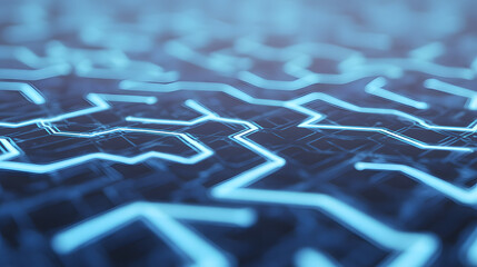 Futuristic blue circuit lines on geometric tech background, symbolizing digital innovation and advanced technology