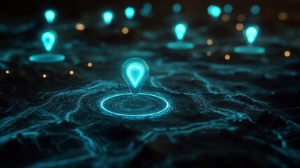 Poster - Glowing map pins on a digital terrain, illustrating location tracking and navigation.