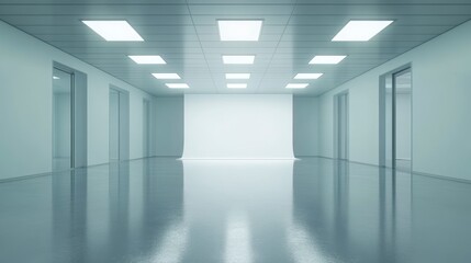 Canvas Print - bright, empty hallway with reflective floor and doors.