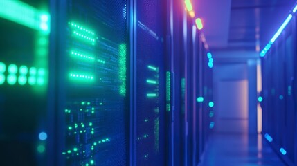 Aufkleber - Illuminated server room corridor with glowing network equipment.