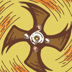 Leinwandbilder - Stylized brown cross with circular center on yellow swirl