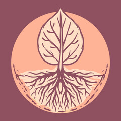 Leinwandbilder - Illustration of a tree with roots inside a peach circle