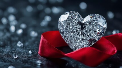 Canvas Print - sparkling crystal heart with red ribbon on dark background.