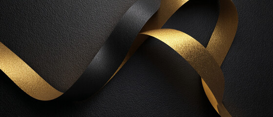 Poster - A dramatic close up of entwined gold and black ribbons against a textured dark background surface