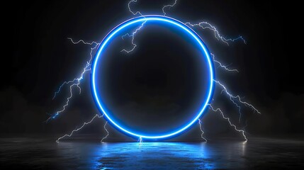 Wall Mural - a black background with a luminous electric blue circle encircled by lightning bolts.
