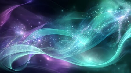 Poster - Abstract swirling teal and purple light energy waves with sparkles on a dark background.
