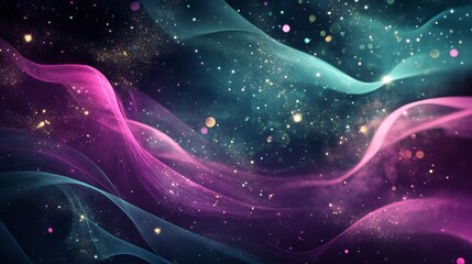 Poster - Abstract cosmic nebula with pink and teal flowing energy, glittering stardust.