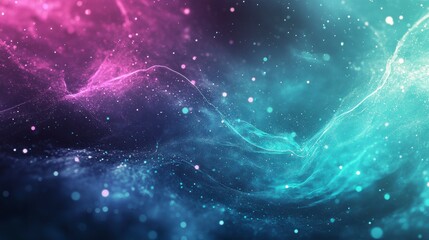 Poster - Abstract cosmic nebula with pink and blue glowing particles.