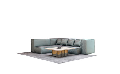 Aufkleber - Modern sectional sofa with cushions and square coffee table on rug, isolated on white background for interior design layout or collage purposes. 3D Rendering