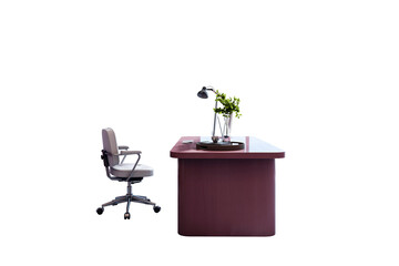 Fototapete - Modern office desk with swivel chair, computer, lamp, and plant on clean white transparent background for business workspace layout template. 3D Rendering