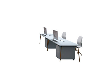 Leinwandbilder - Modern office desk setup with computers and chairs on white background for business or workspace design template element. 3D Rendering