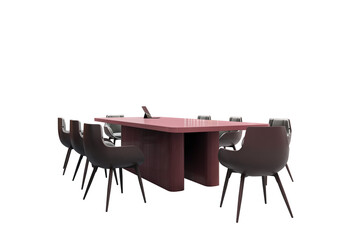 Fototapete - Modern maroon office meeting table with eight black chairs and laptop on white background, isolated clean layout for business workspace design. 3D Rendering