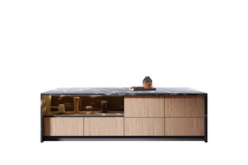 Aufkleber - Modern kitchen island cabinet with wood panel drawers and marble countertop isolated on white background for clean design template element. 3D Rendering