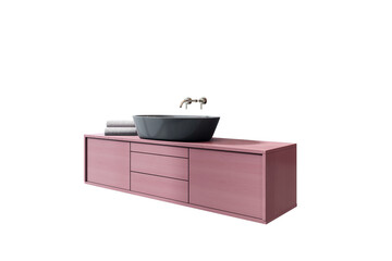 Fototapete - Modern pink bathroom vanity cabinet with black sink and towels isolated on white background for clean interior design layout template use. 3D Rendering