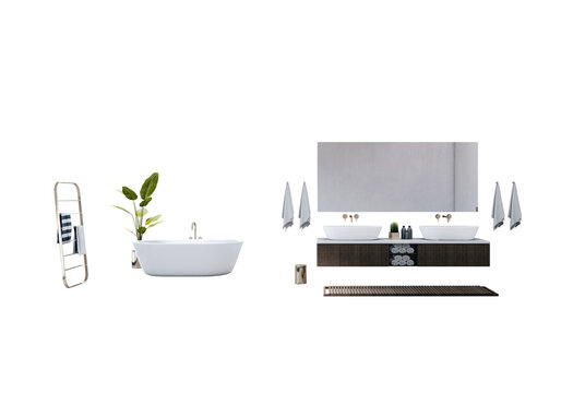 Modern bathroom interior set with bathtub, sink vanity, mirror, towels, and decor isolated on white transparent background layout element design. 3D Rendering