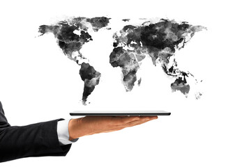 Leinwandbilder - Business hand holding digital tablet with black watercolor world map sketch floating above on white background, symbolizing global technology concept. 