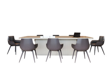 Fototapete - Modern corporate meeting room setup with empty chairs and conference table isolated on white background for business layout or design template. 3D Rendering