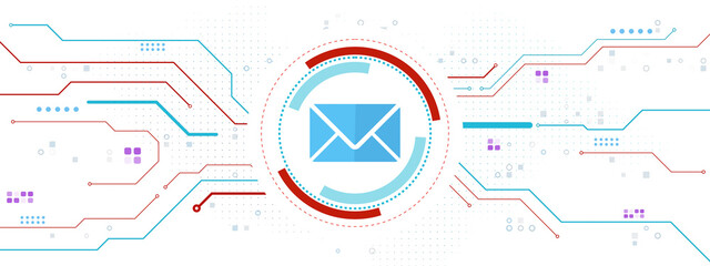 Fototapete - Blue email envelope icon in digital circle interface with red and blue circuit lines on white tech background representing digital communication concept. 3D Rendering