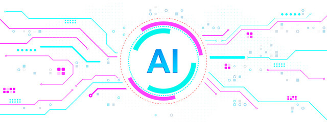 Aufkleber - Futuristic AI circuit interface with glowing neon lines and digital nodes on white background representing modern artificial intelligence tech. 3D Rendering