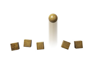 Fototapete - Wooden sphere rising above fallen wooden cubes on clean white background, symbolizing leadership, success, and growth concept in business design. 3D Rendering