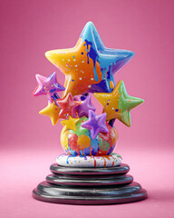 Poster - Colorful star trophy with paint drips on a tiered base against a pink background in studio lighting