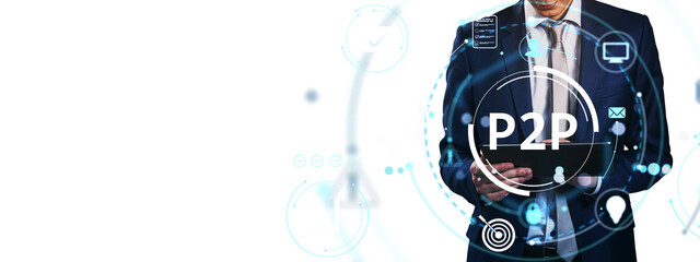 Leinwandbilder - Businessman using tablet with P2P digital interface and technology icons on clean white background for online communication and networking concept. 