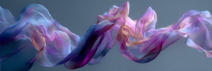 Poster - A flowing ribbon of fabric in shades of pink purple and blue against a muted gray background art