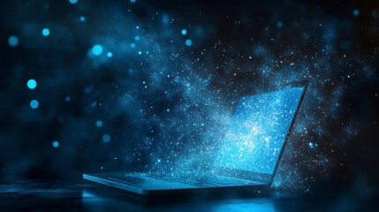 Poster - Glowing laptop screen with digital particles emanating from it, set against a dark background.