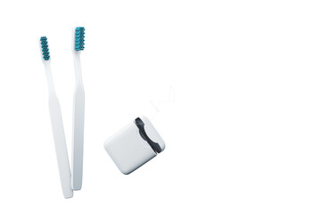 Fototapete - Two white toothbrushes and dental floss with white bristles isolated on a clean background, top view layout for dental care design template. 3D Rendering