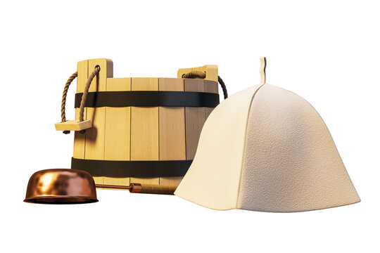 Sauna accessories set with wooden bucket, ladle, and felt hat isolated on white transparent background for traditional spa or wellness design. 3D Rendering