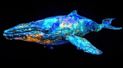 Poster - Vibrant, colorful humpback whale illustration against a black background.