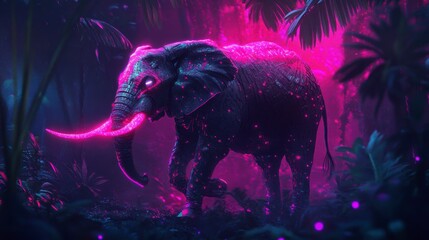 Poster - Glowing neon pink elephant in dark jungle.