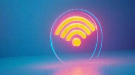 Poster - Neon wifi symbol glowing on blue background.