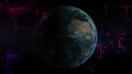 Poster - On start, Earth rotating revealing sunlit half, pixel data overlays glitching visualizing data flow