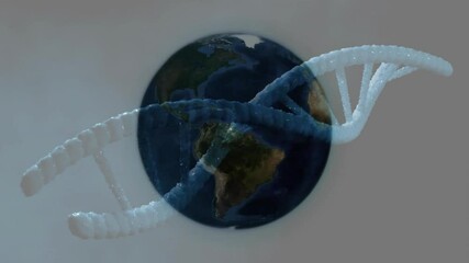 Poster - DNA helix entering frame, rotating around Earth globe to visualize genetic connection in 3D render