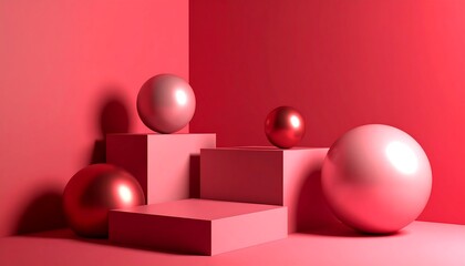 Poster - Minimalist Pink Podium with Spheres with Modern Geometric Display, and Red Corner Studio.