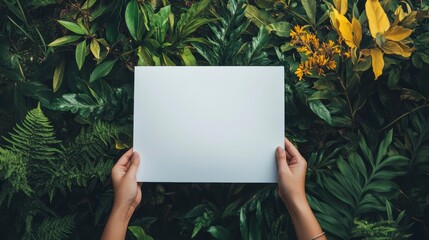 Wall Mural - hands holding blank white paper against lush green foliage background.