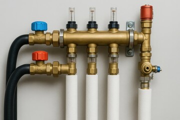 Poster - Detailed View of Industrial Water Pipes with Connectors and Valves Against a Neutral Background