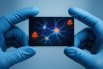 Poster - Hands Holding Transparent Card with Neurons and Warning Symbols in Blue Background