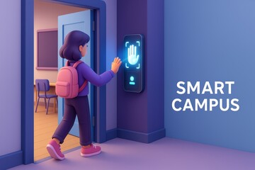 Poster - Young Student Interacting with Smart Campus Technology at School Entrance with Modern Decor