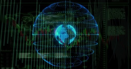 Poster - Backdrop fading triggers globe rotating with rings pulsing and charts flowing showing market trends