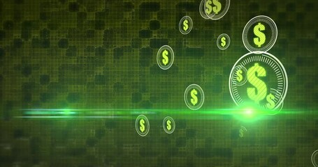 Poster - Chartreuse dollar coins appearing on emerald beam and drifting inward, showcasing finance growth