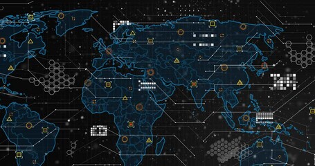 Poster - Blue outline emerging and expanding world map spreading circuitry, pulsing icons showing network
