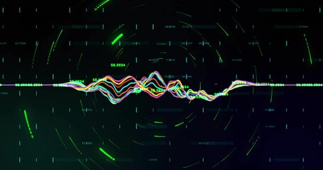 Poster - Data feed starting colored wave forming peak, updating labels, rotating particles showing intensity