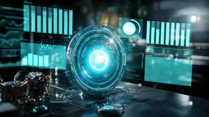 Aufkleber - A futuristic holographic interface projects a glowing globe and complex digital data in a high-tech laboratory setting.