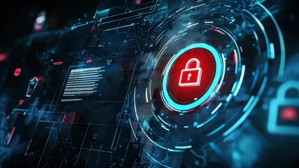 Poster - A glowing red padlock graphic represents cybersecurity and digital data protection on a futuristic interface.