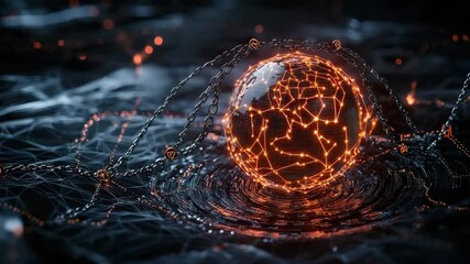 Aufkleber - A glowing digital sphere connected by chains, symbolizing blockchain links in a futuristic digital network.